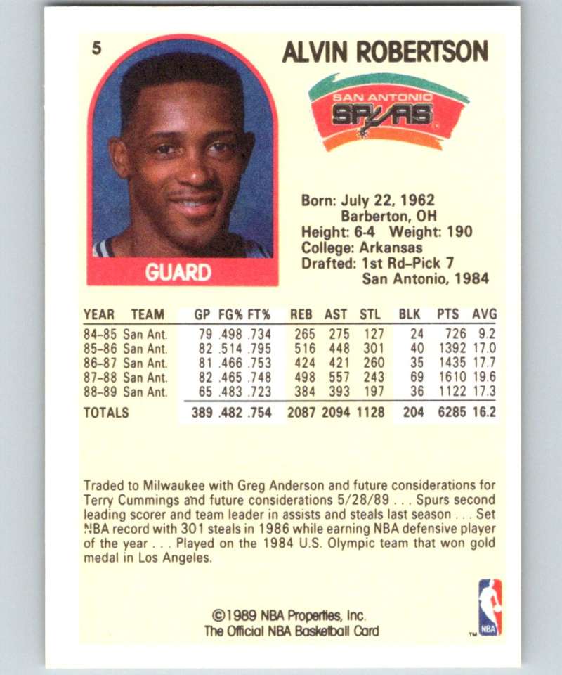 1989-90 Hoops #5 Alvin Robertson SP Spurs NBA Basketball