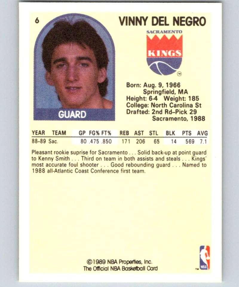 1989-90 Hoops #6 Vinny Del Negro RC Rookie Sac Kings NBA Basketball Image 2