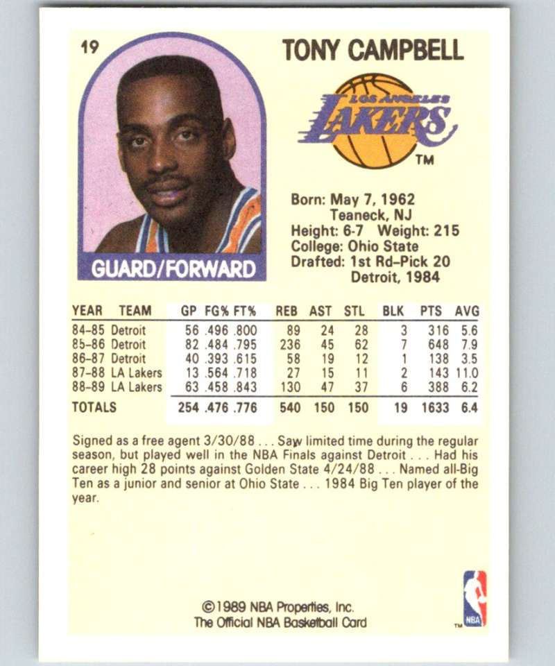 1989-90 Hoops #19 Tony Campbell RC Rookie Lakers NBA Basketball