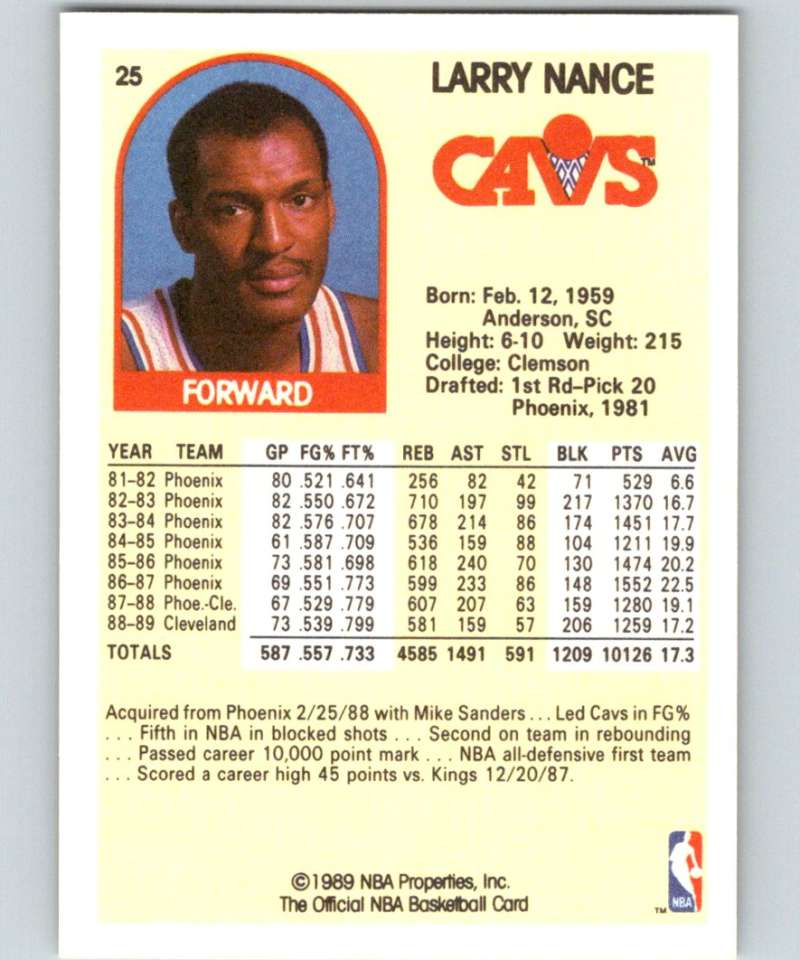 1989-90 Hoops #25 Larry Nance Cavaliers NBA Basketball Image 2