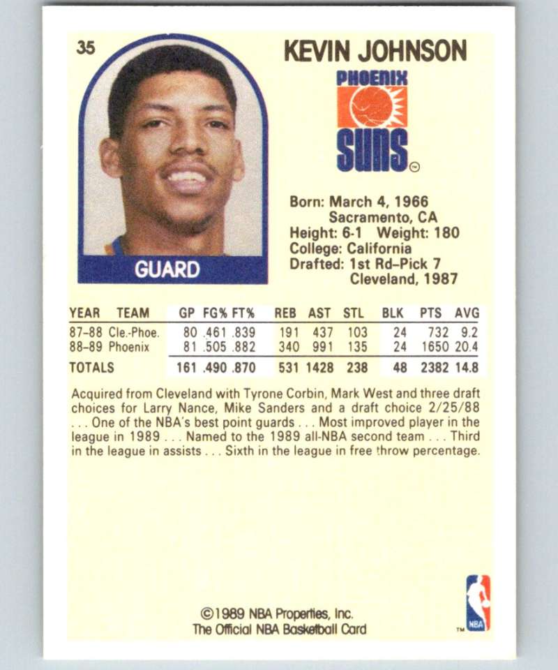 1989-90 Hoops #35 Kevin Johnson RC Rookie Suns NBA Basketball