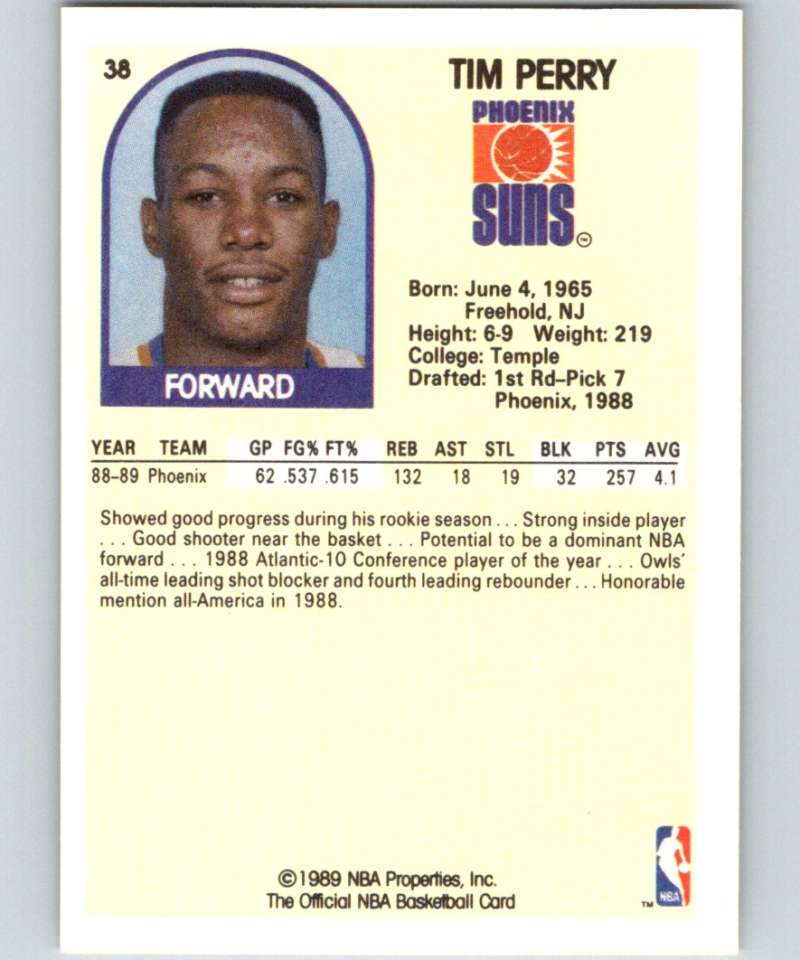 1989-90 Hoops #38 Tim Perry RC Rookie Suns NBA Basketball Image 2