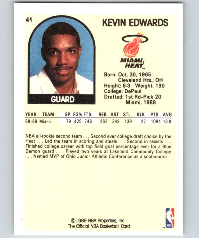 1989-90 Hoops #41 Kevin Edwards RC Rookie Heat NBA Basketball Image 2