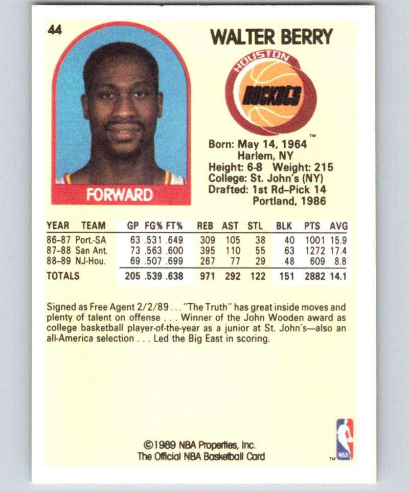 1989-90 Hoops #44 Walter Berry Rockets NBA Basketball Image 2