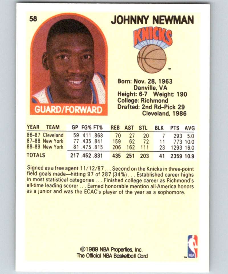 1989-90 Hoops #58 Johnny Newman RC Rookie Knicks NBA Basketball Image 2