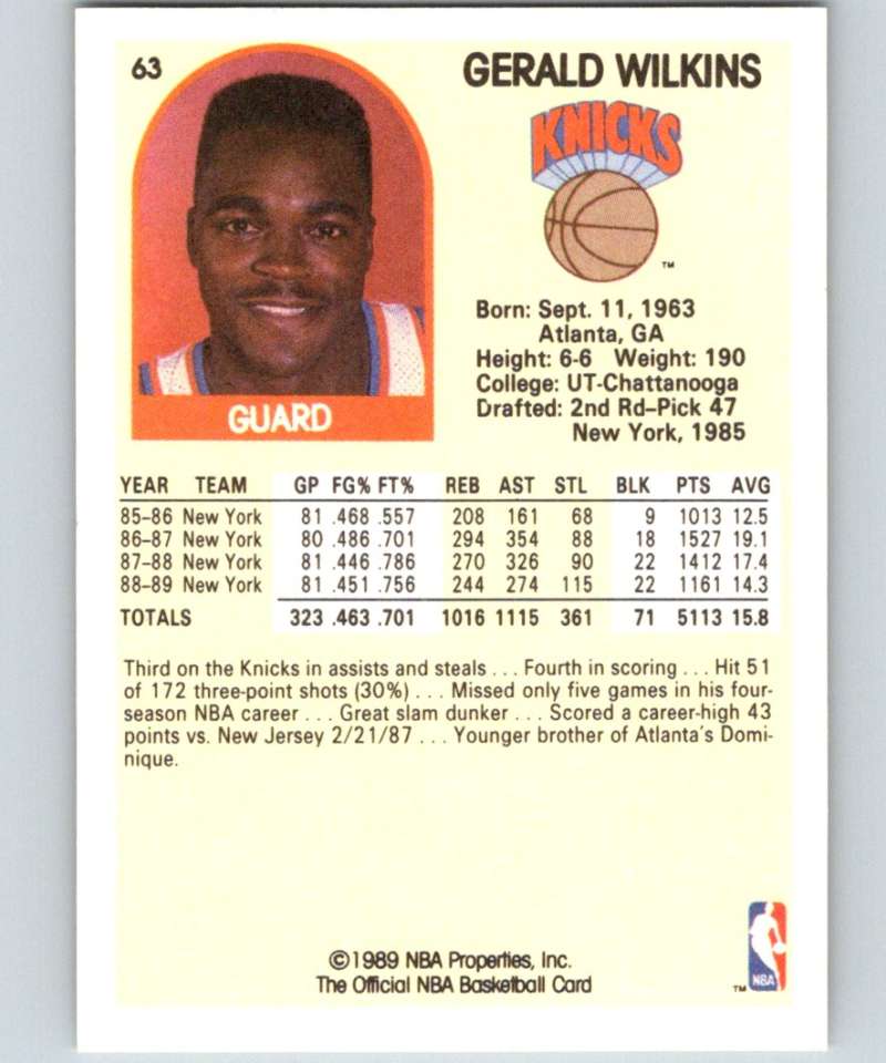 1989-90 Hoops #63 Gerald Wilkins Knicks NBA Basketball Image 2