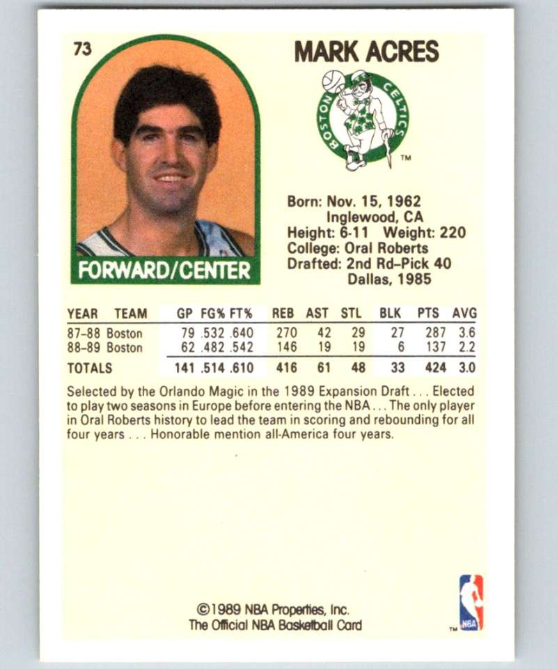 1989-90 Hoops #73 Mark Acres SP Celtics NBA Basketball
