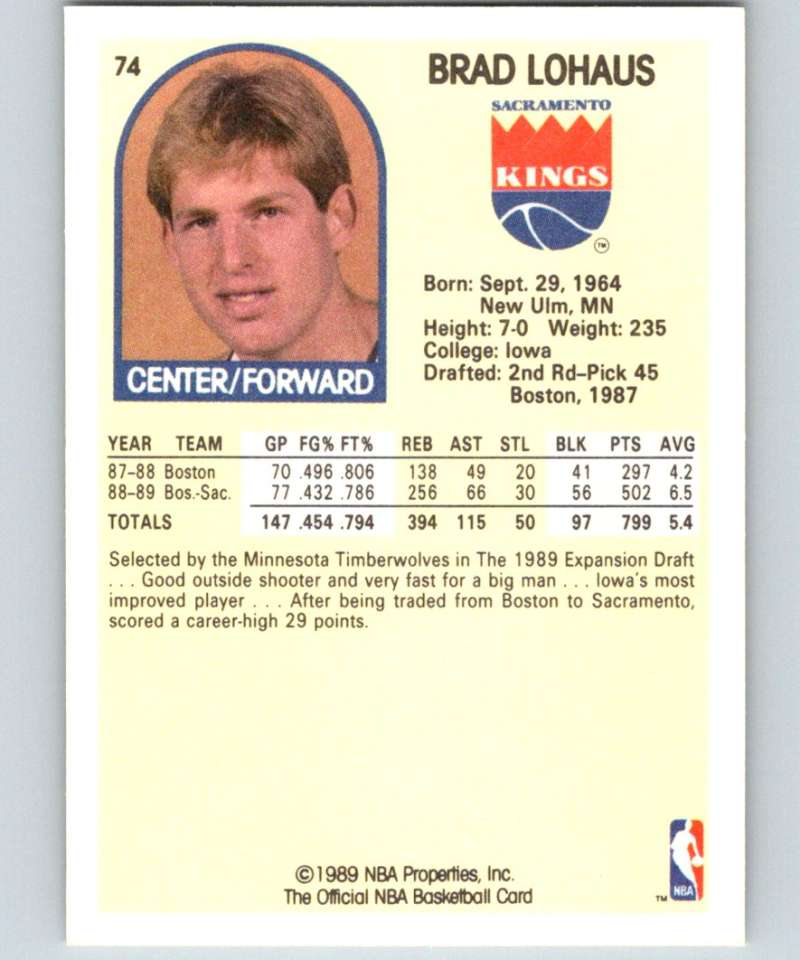 1989-90 Hoops #74 Brad Lohaus RC Rookie SP Sac Kings NBA Basketball Image 2