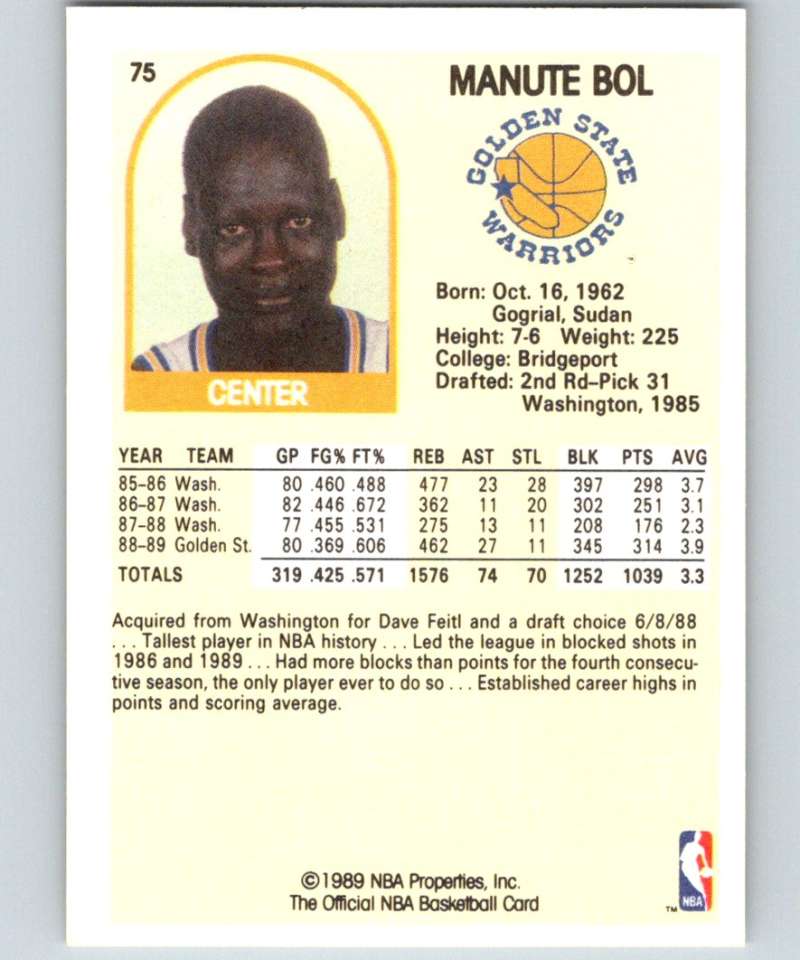1989-90 Hoops #75 Manute Bol Warriors NBA Basketball