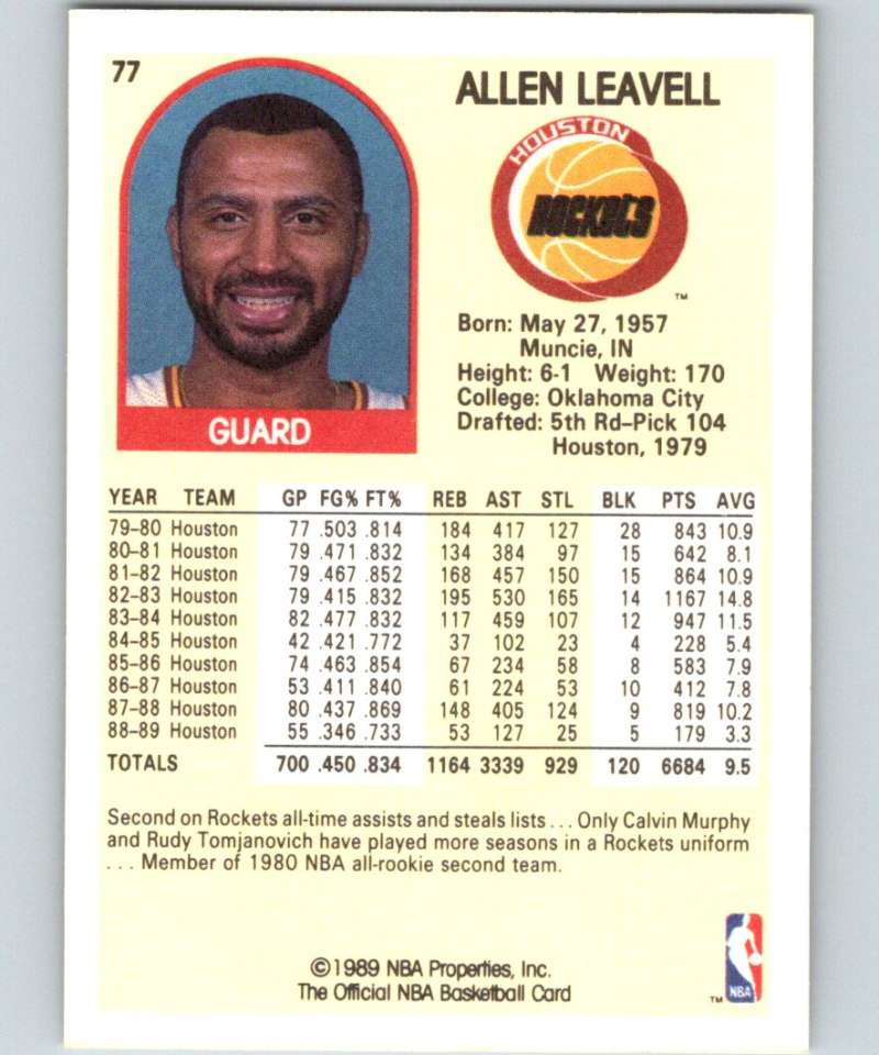 1989-90 Hoops #77 Allen Leavell Rockets NBA Basketball