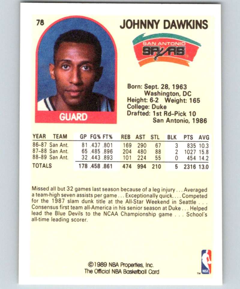 1989-90 Hoops #78 Johnny Dawkins SP Spurs NBA Basketball