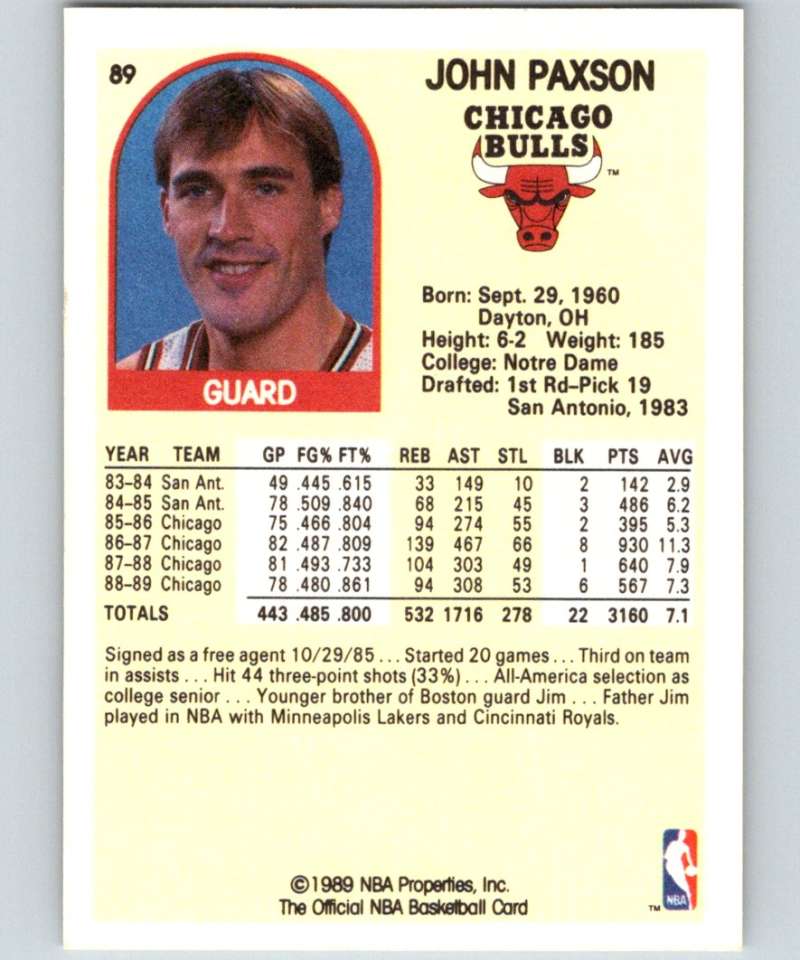 1989-90 Hoops #89 John Paxson Bulls NBA Basketball Image 2