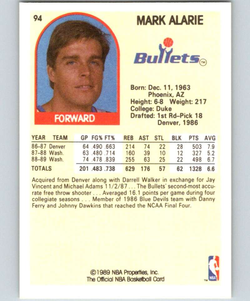 1989-90 Hoops #94 Mark Alarie Bullets NBA Basketball Image 2