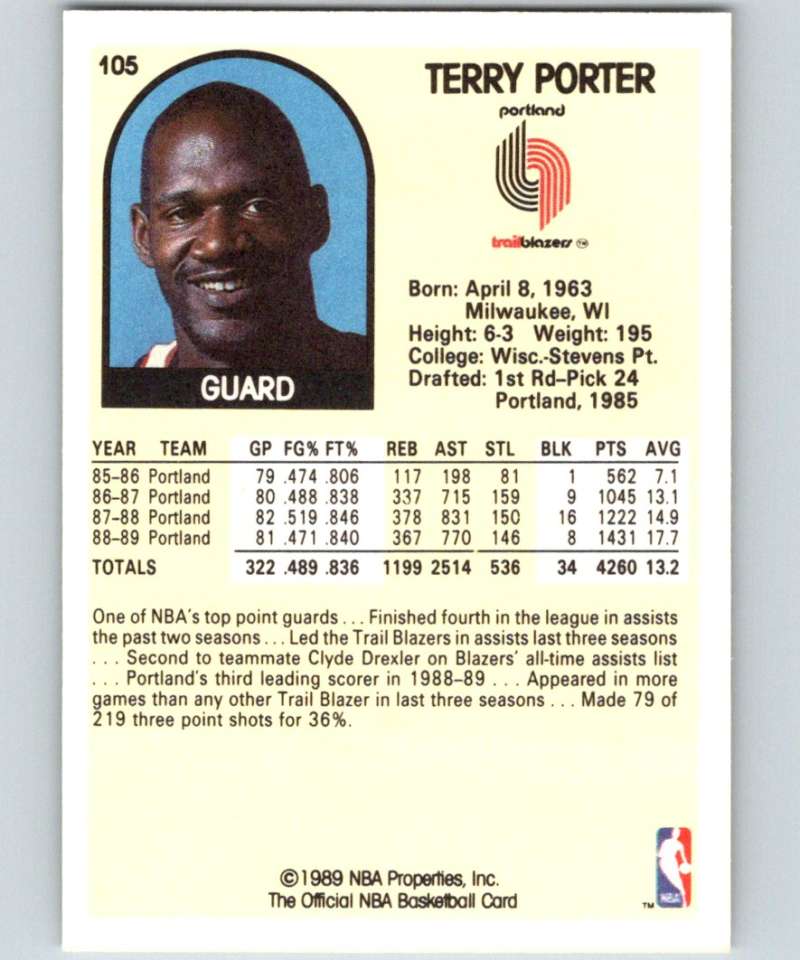1989-90 Hoops #105 Terry Porter Blazers NBA Basketball