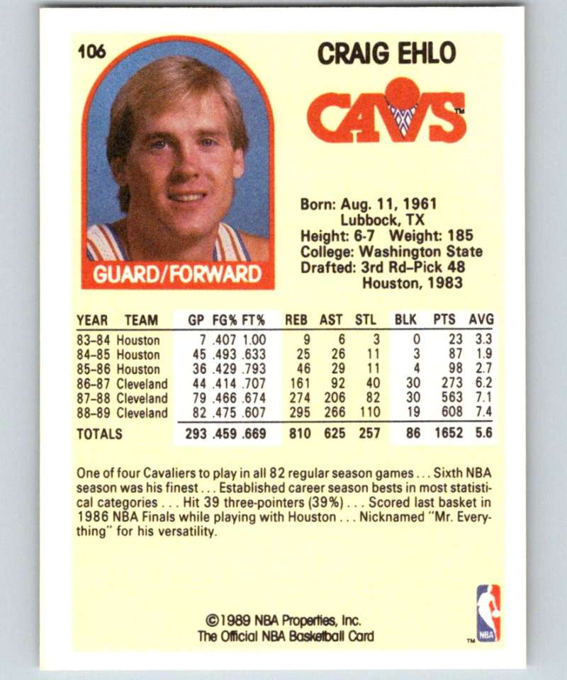 1989-90 Hoops #106 Craig Ehlo RC Rookie Cavaliers NBA Basketball Image 2
