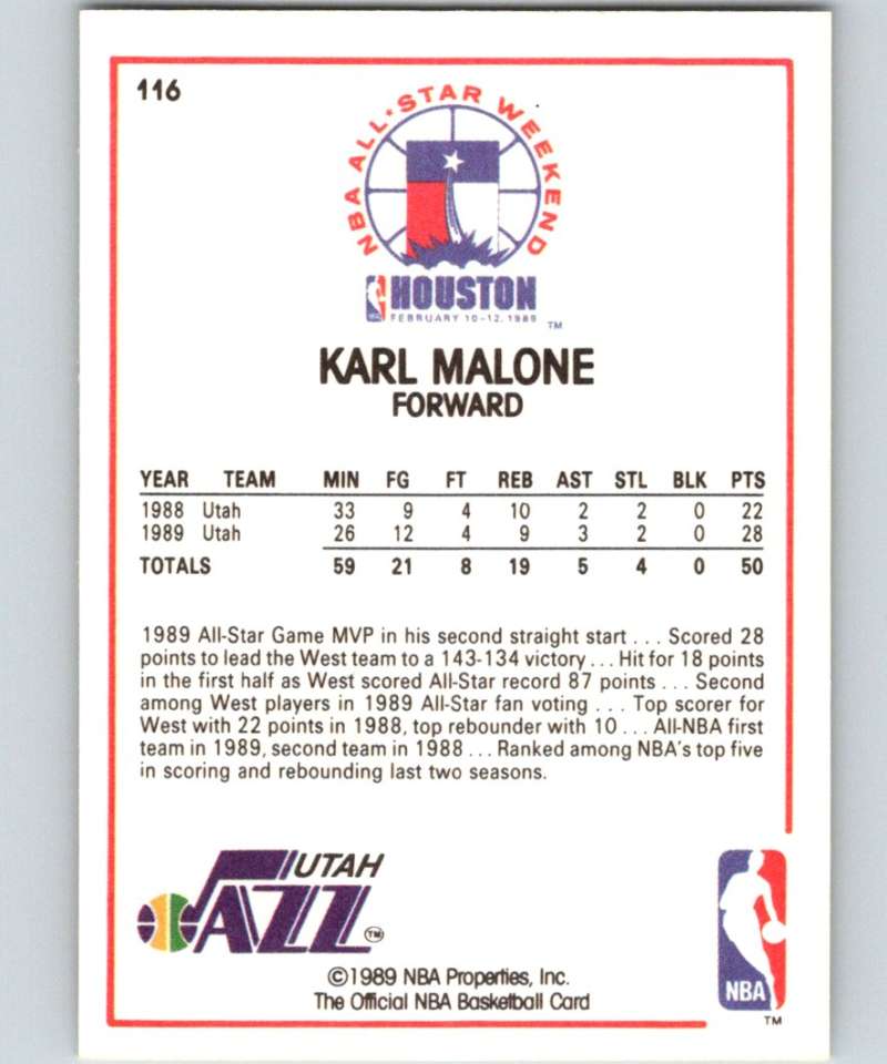 1989-90 Hoops #116 Karl Malone Jazz AS NBA Basketball Image 2