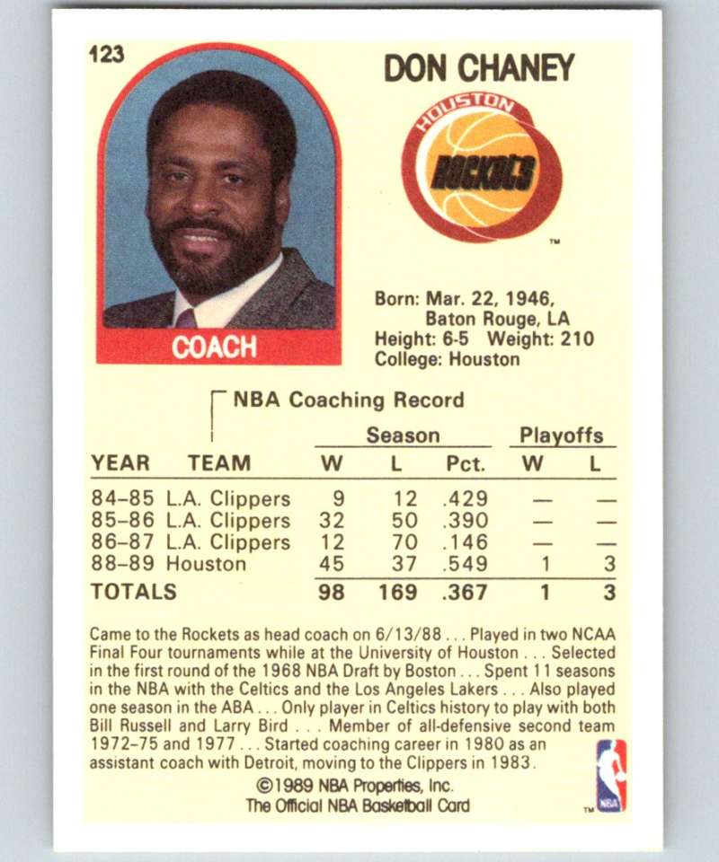 1989-90 Hoops #123 Don Chaney Rockets NBA Basketball Image 2