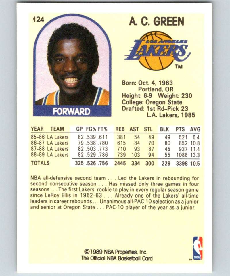 1989-90 Hoops #124 A.C. Green Lakers NBA Basketball