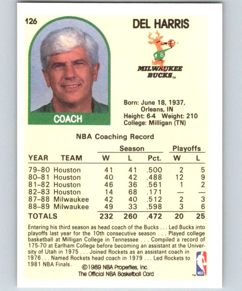 1989-90 Hoops #126 Del Harris Bucks CO NBA Basketball Image 2