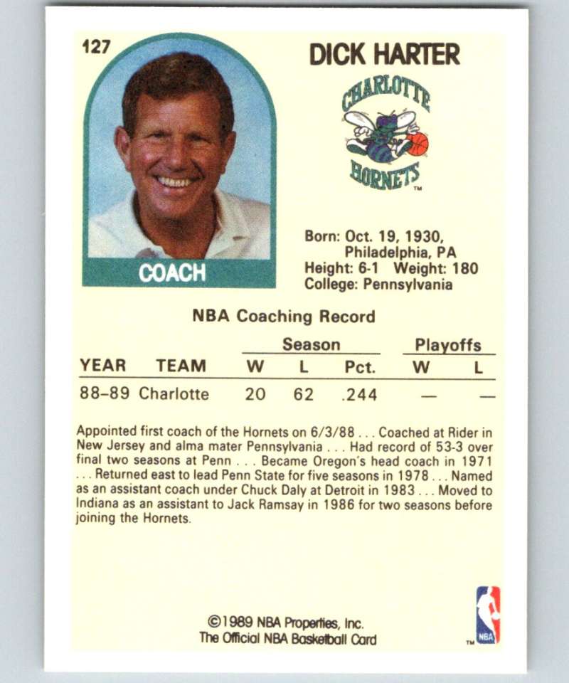 1989-90 Hoops #127 Dick Harter Hornets CO NBA Basketball