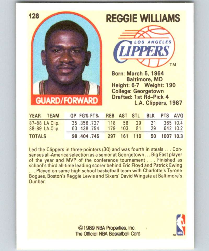 1989-90 Hoops #128 Reggie Williams RC Rookie Clippers NBA Basketball