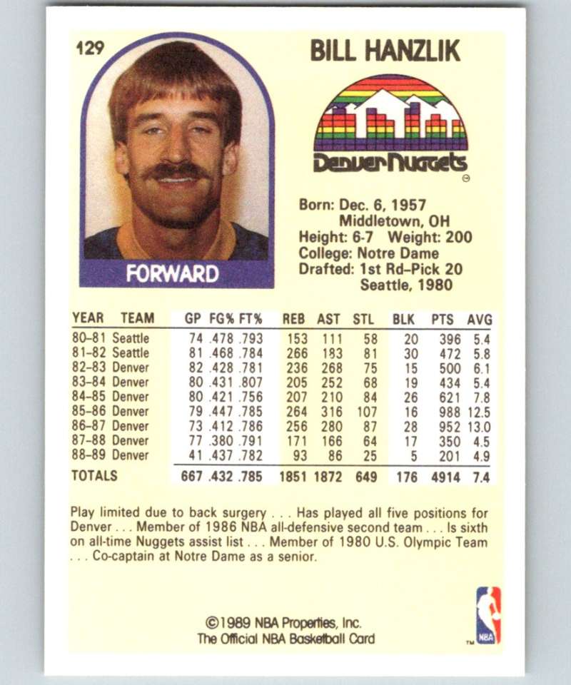 1989-90 Hoops #129 Bill Hanzlik Nuggets NBA Basketball Image 2