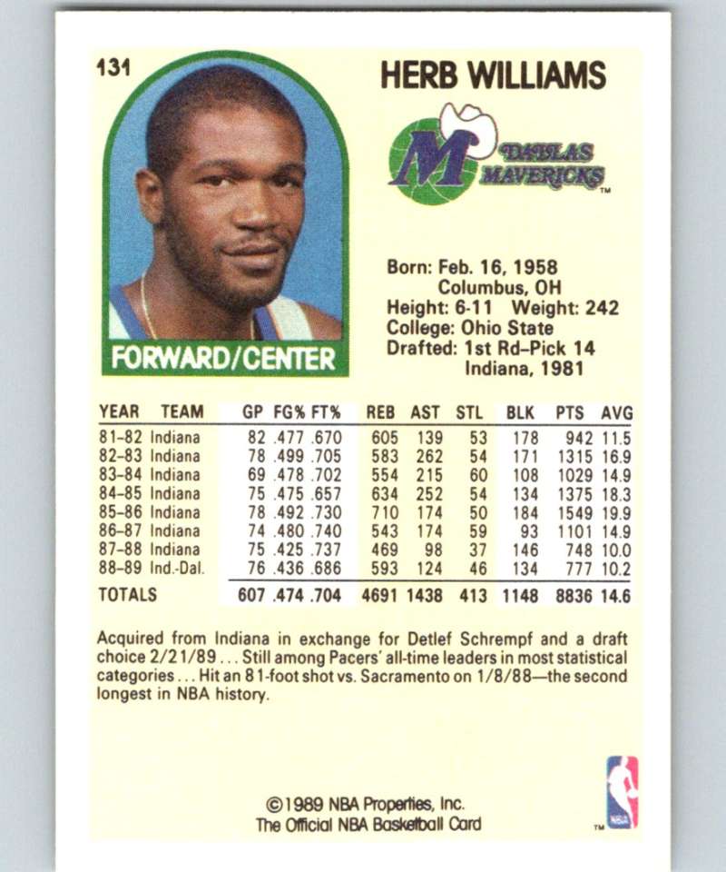 1989-90 Hoops #131 Herb Williams Mavericks NBA Basketball Image 2