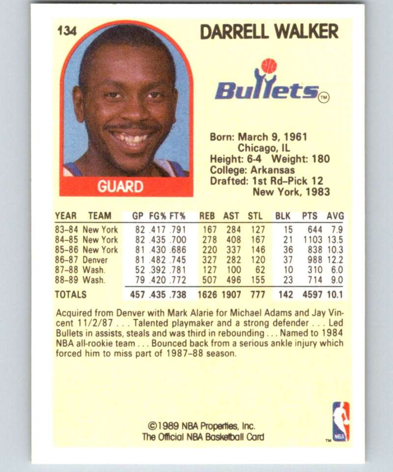 1989-90 Hoops #134 Darrell Walker Bullets NBA Basketball Image 2