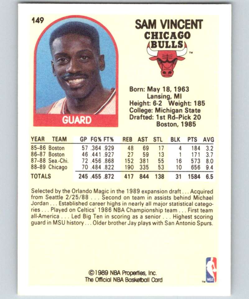1989-90 Hoops #149 Sam Vincent RC Rookie SP Bulls NBA Basketball