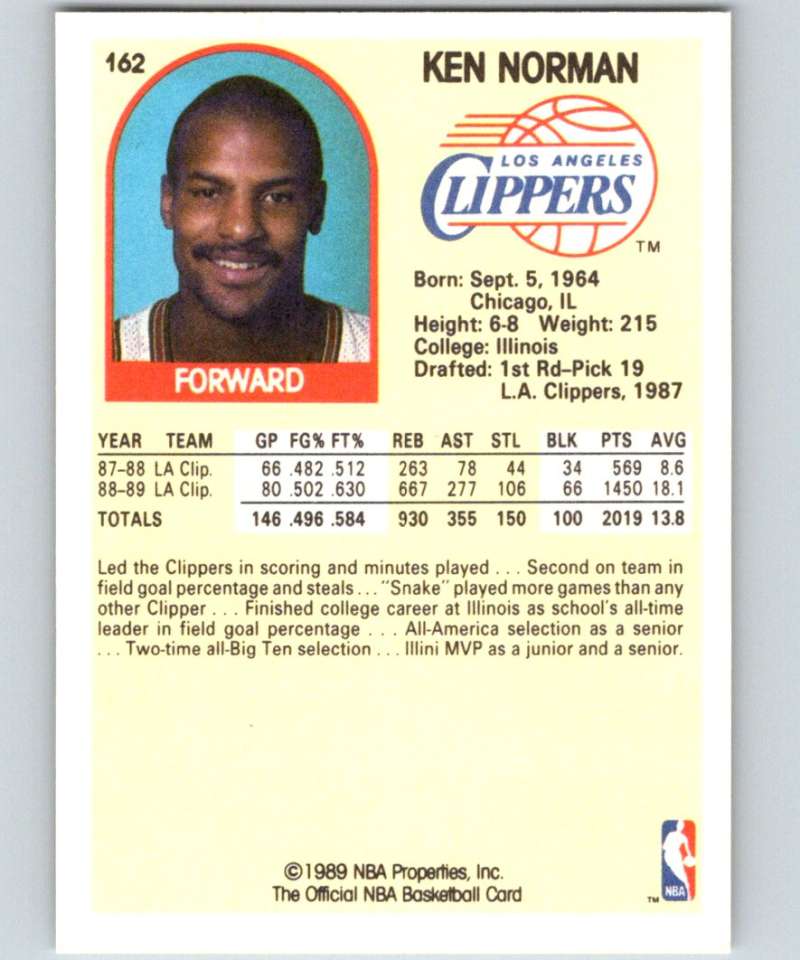 1989-90 Hoops #162 Ken Norman RC Rookie Clippers NBA Basketball Image 2