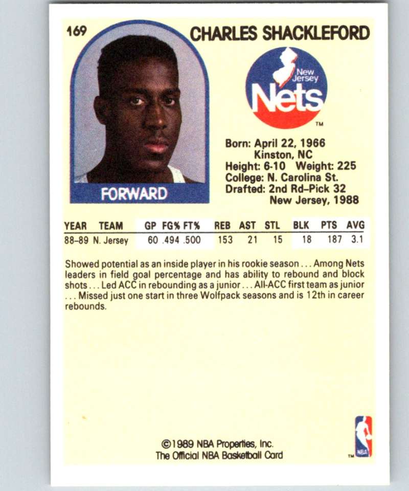 1989-90 Hoops #169 Charles Shackleford RC Rookie NJ Nets NBA Basketball Image 2