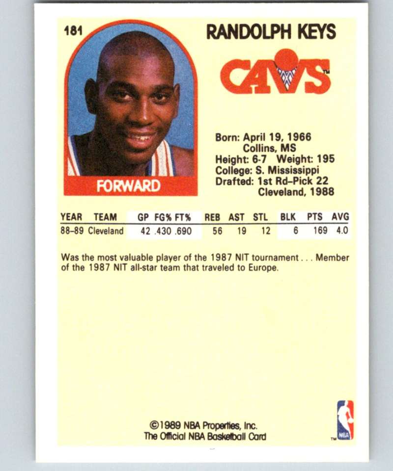 1989-90 Hoops #181 Randolph Keys RC Rookie Cavaliers NBA Basketball Image 2
