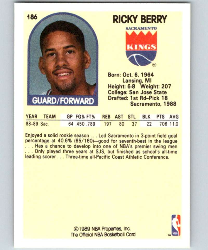 1989-90 Hoops #186 Ricky Berry SP Sac Kings NBA Basketball Image 2