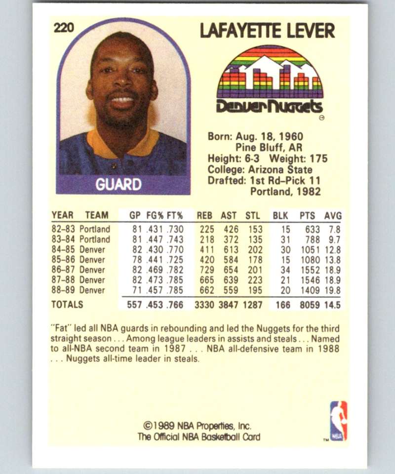 1989-90 Hoops #220 Lafayette Lever Nuggets NBA Basketball Image 2