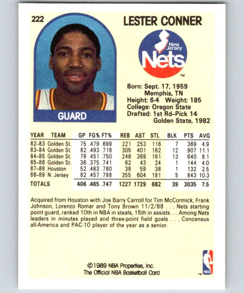 1989-90 Hoops #222 Lester Conner NJ Nets NBA Basketball Image 2