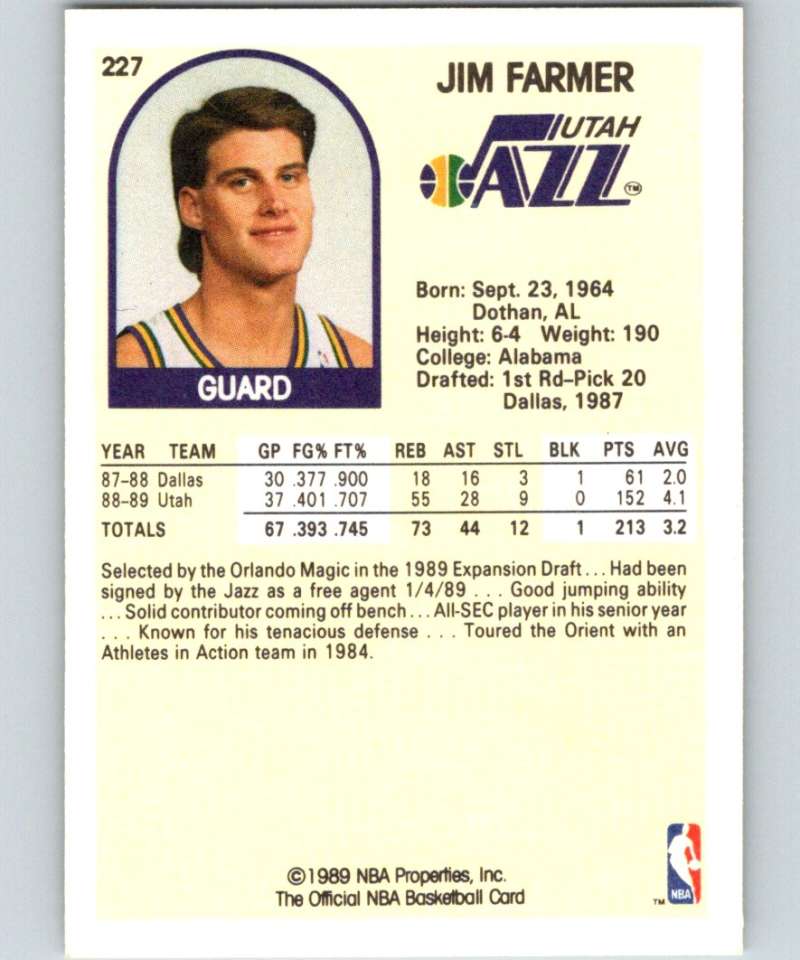 1989-90 Hoops #227 Jim Farmer SP Jazz NBA Basketball