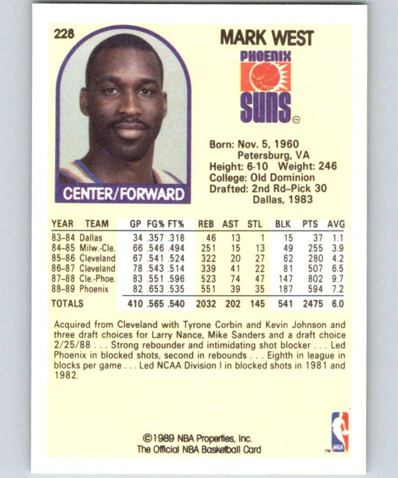 1989-90 Hoops #228 Mark West Suns NBA Basketball Image 2