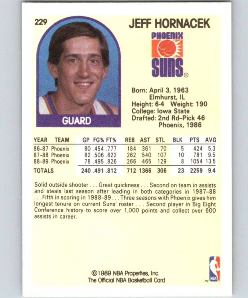 1989-90 Hoops #229 Jeff Hornacek RC Rookie Suns NBA Basketball Image 2
