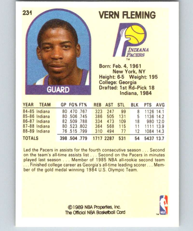 1989-90 Hoops #231 Vern Fleming Pacers NBA Basketball Image 2