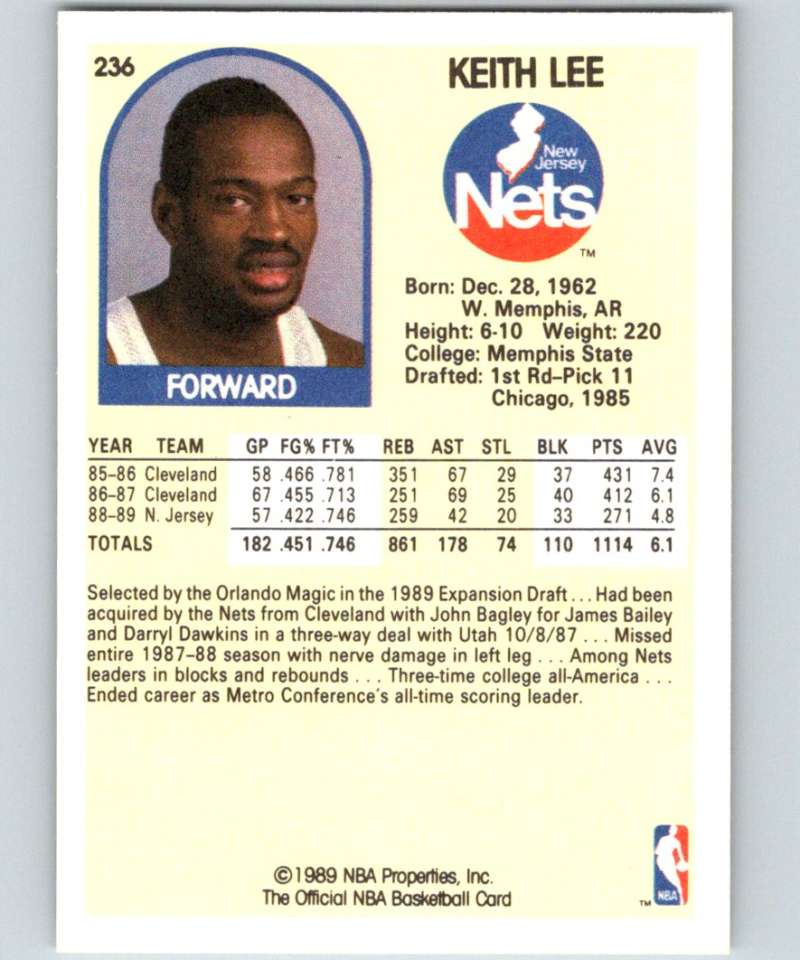 1989-90 Hoops #236 Keith Lee SP NJ Nets NBA Basketball