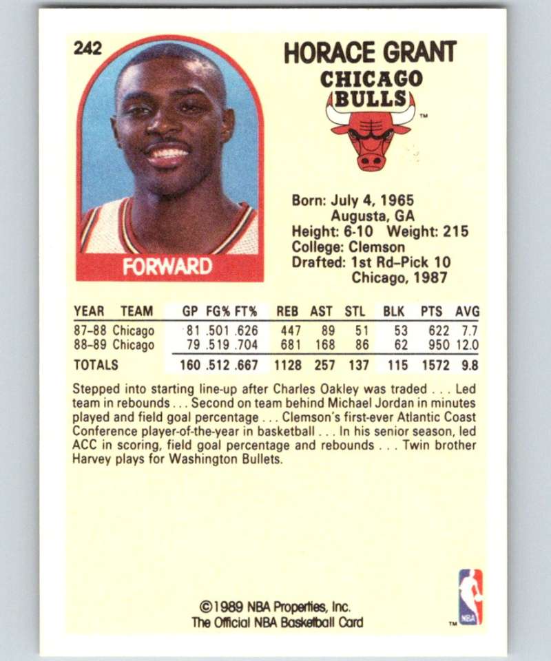 1989-90 Hoops #242 Horace Grant Bulls NBA Basketball Image 2