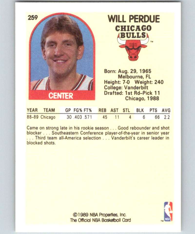 1989-90 Hoops #259 Will Perdue RC Rookie Bulls NBA Basketball Image 2