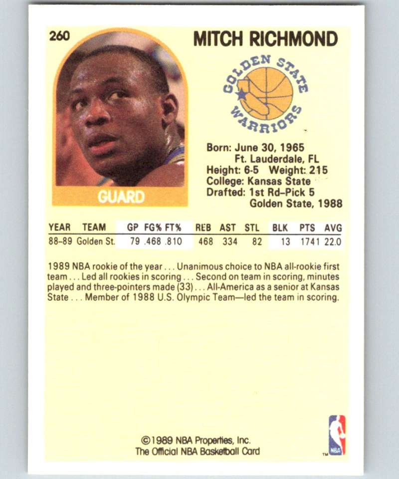 1989-90 Hoops #260 Mitch Richmond RC Rookie Warriors NBA Basketball Image 2
