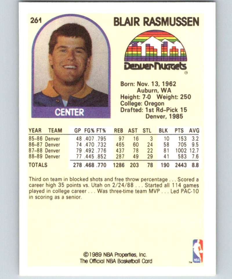 1989-90 Hoops #261 Blair Rasmussen Nuggets NBA Basketball Image 2