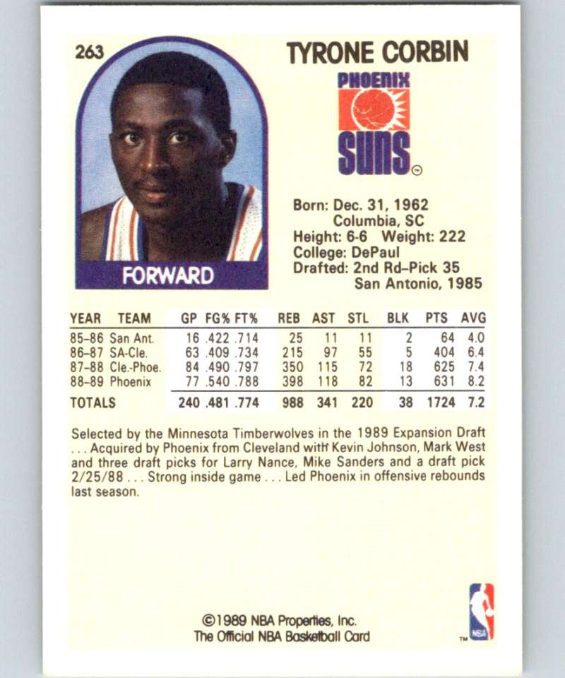 1989-90 Hoops #263 Tyrone Corbin RC Rookie SP Suns NBA Basketball