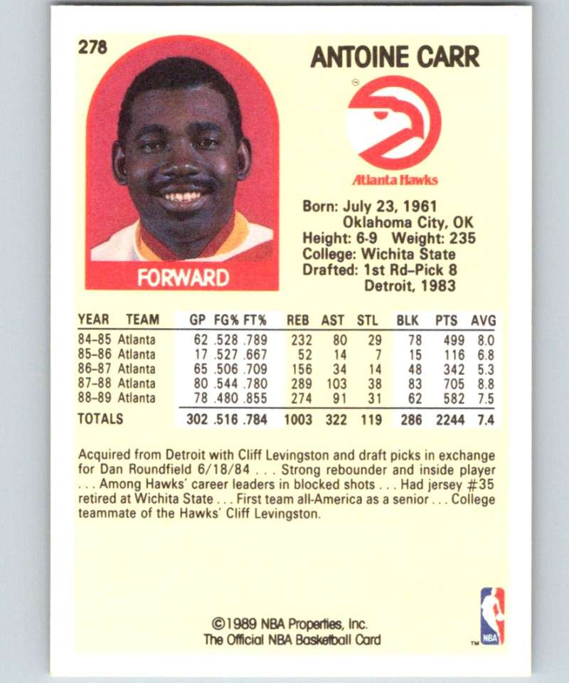 1989-90 Hoops #278 Antoine Carr Hawks NBA Basketball