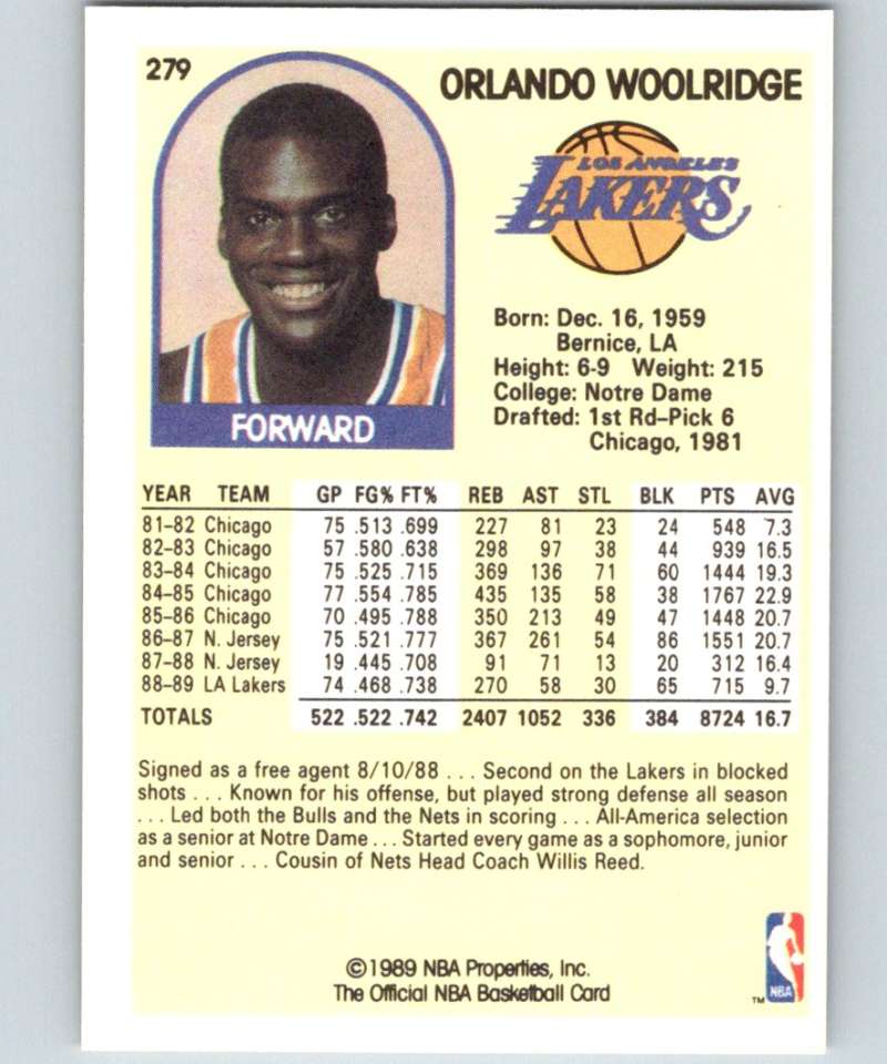 1989-90 Hoops #279 Orlando Woolridge SP Lakers NBA Basketball Image 2