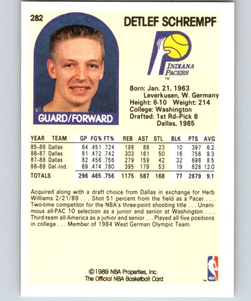 1989-90 Hoops #282 Detlef Schrempf Pacers NBA Basketball Image 2