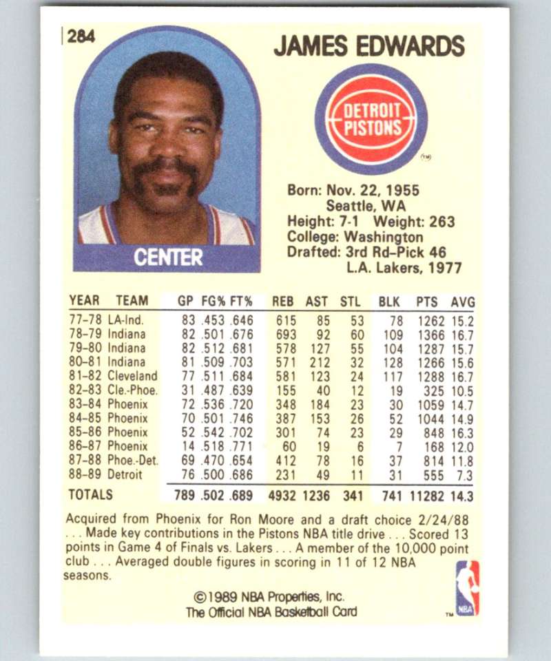 1989-90 Hoops #284 James Edwards Pistons NBA Basketball Image 2