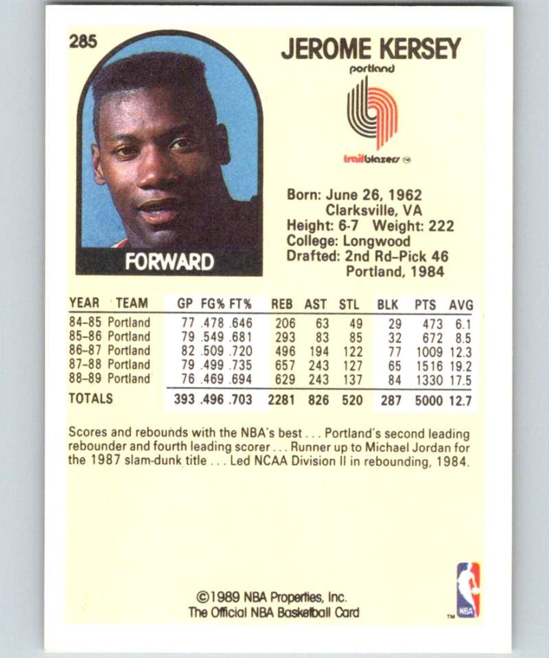 1989-90 Hoops #285 Jerome Kersey Blazers NBA Basketball Image 2
